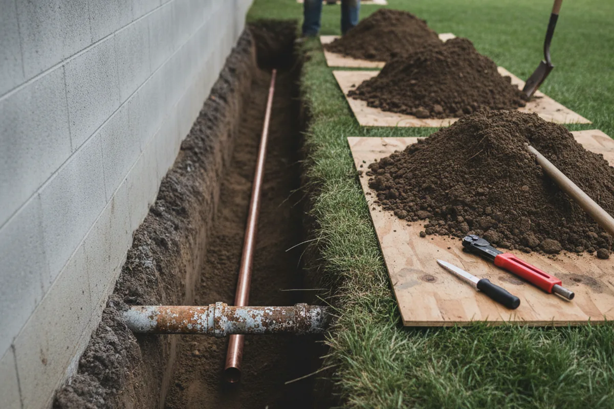 Excavated water line trench during Water Heater Repair in Black Creek